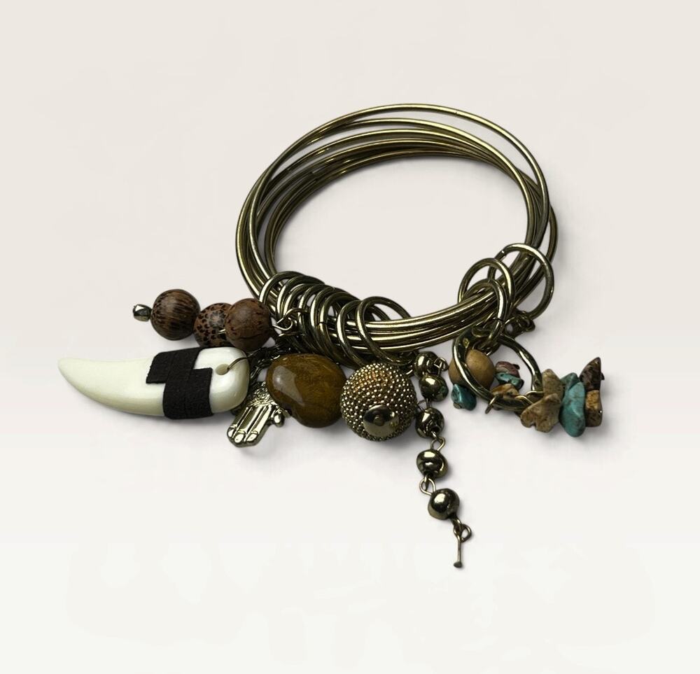 Boho Multi-Bangle Stack with Hamsa & Turquoise Charm Cluster